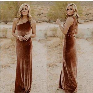 Baltic Born Tatiana velvet one shoulder sheath maxi cocktail rose pink dress, S